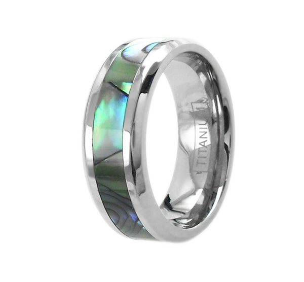 Dazzling mirror polished titanium ring with beautiful abalone inlay | Wholesale Jewelry | Main photo