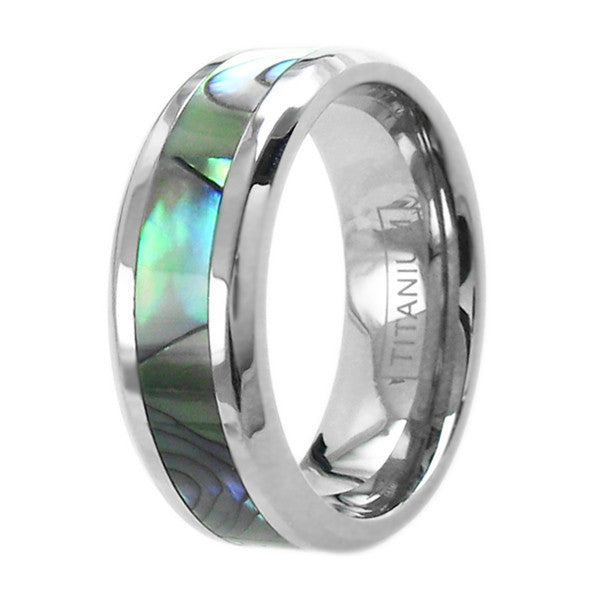 Dazzling mirror polished titanium ring with beautiful abalone inlay | Wholesale Jewelry | Upright photo