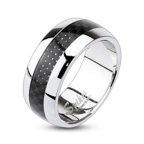 Mirror polished stainless steel dome ring with black carbon fiber inlay | Wholesale Jewelry 