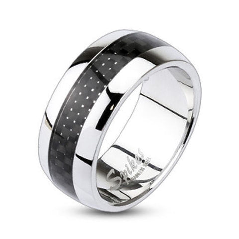 Mirror polished stainless steel dome ring with black carbon fiber inlay | Wholesale Jewelry 