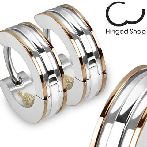 Mirror polished grooved hinged hoop huggie earrings with coffee-tone stripes | Wholesale 316L Stainless Steel Jewelry