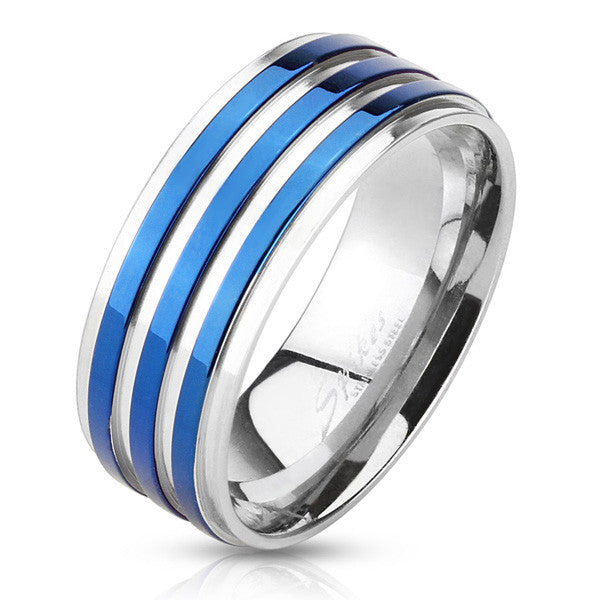 Mirror polished stainless steel ring with three royal blue stripes | Wholesale Jewelry | Alternate photo