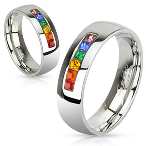 Mirror polished stainless steel ring with string of rainbow colored CZs | Wholesale Jewelry