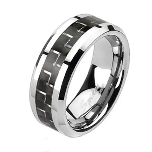 Mirror polished stainless steel ring with black carbon fiber inlay and chamfered edges | Wholesale Jewelry