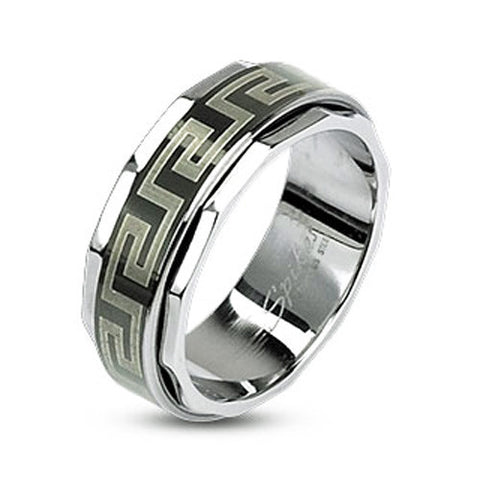 Mirror polished stainless steel ring with pale gold Greek key spinning band | Wholesale Jewelry