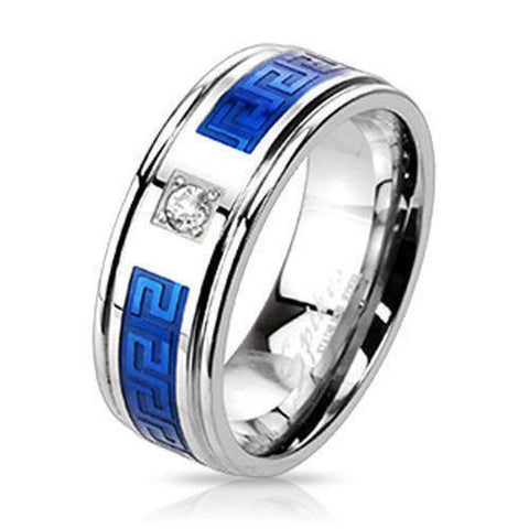 Mirror polished stainless steel ring with blue Greek key inlay and CZ accent | Wholesale Jewelry