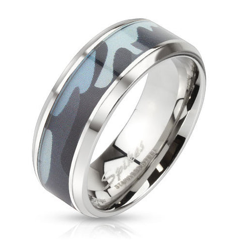 Mirror polished chamfered edge ring with blue hunting camo inlay | Wholesale stainless steel rings - Jewelry