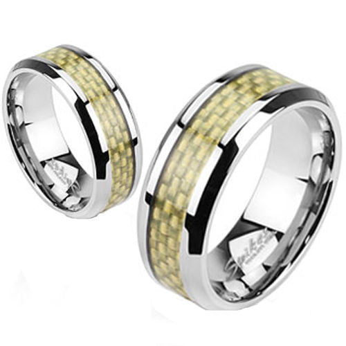 Mirror polished stainless steel ring with gold carbon fiber inlay | Wholesale Jewelry