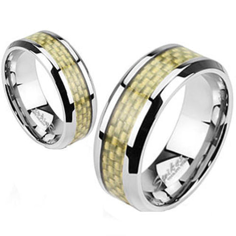 Mirror polished stainless steel ring with gold carbon fiber inlay | Wholesale Jewelry