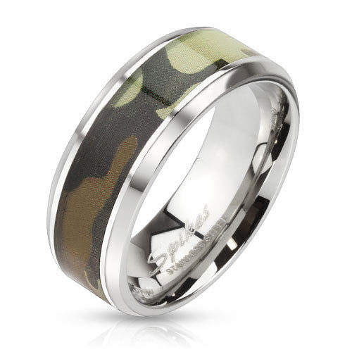 Mirror polished stainless steel chamfered edge ring with green forest camo inlay | Wholesale Jewelry