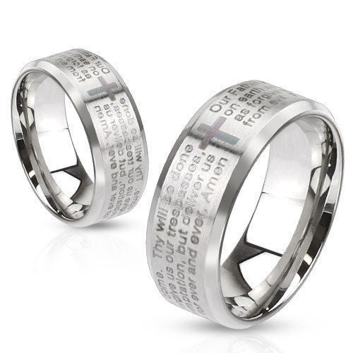 Mirror polished ring with Lord's Prayer on satin finish band | Wholesale stainless steel rings - Jewelry