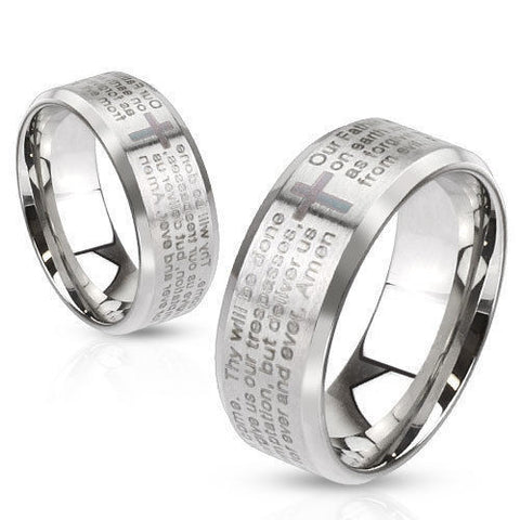 Mirror polished ring with Lord's Prayer on satin finish band | Wholesale stainless steel rings - Jewelry
