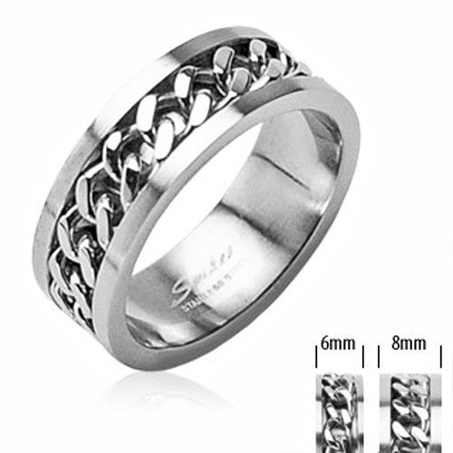 Mirror polished stainless steel ring with Cuban chain spinning band | For men and women | Wholesale Jewelry