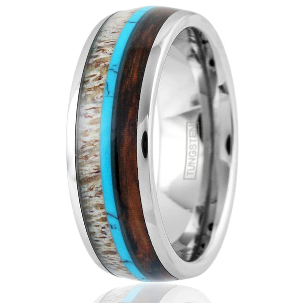 Silver tungsten dome ring w/ deer antler, turquoise, & Koa wood inlays | Wholesale tungsten rings - wedding rings | Upright photo