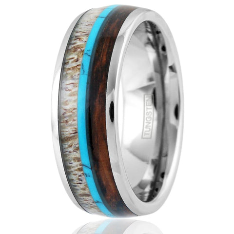 Silver tungsten dome ring w/ deer antler, turquoise, & Koa wood inlays | Wholesale tungsten rings - wedding rings | Upright photo