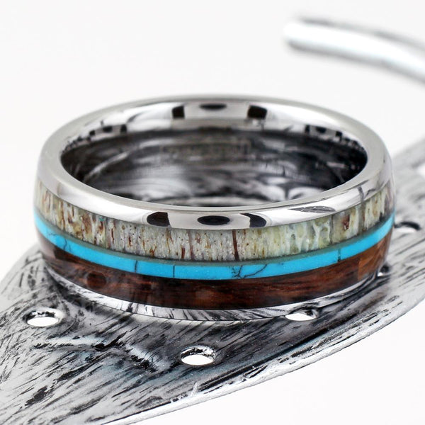 Silver tungsten dome ring w/ deer antler, turquoise, & Koa wood inlays | Wholesale tungsten rings - wedding rings | Flat photo