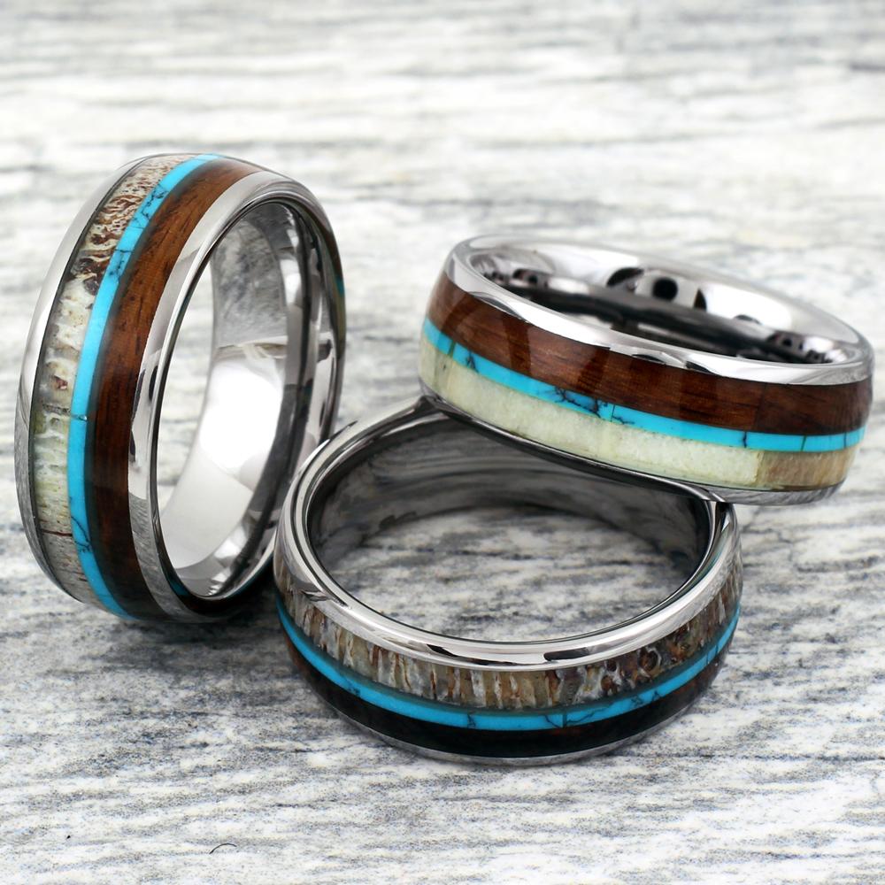 Silver Tungsten Dome Ring w/ Deer Antler, Turquoise & Koa Wood Inlays 