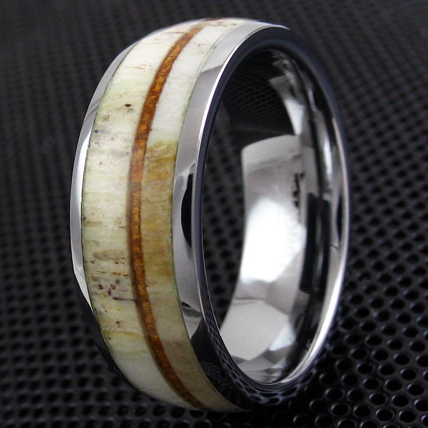 Silver tungsten dome ring w/ thin Koa wood & deer antler inlays | Wholesale tungsten rings - wedding rings | Black photo