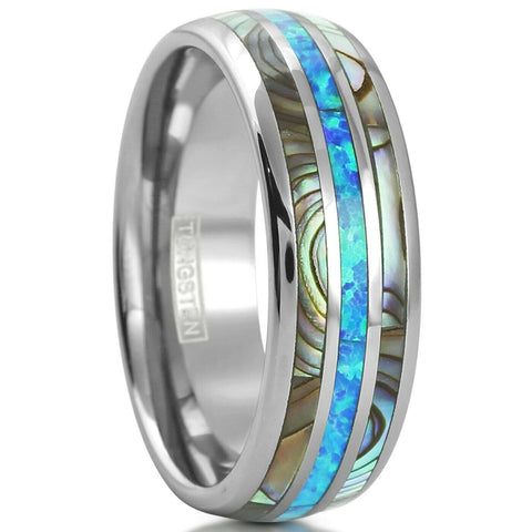 Polished silver low dome tungsten carbide band ring w/ created Hawaiian blue opal & abalone inlays | White photo