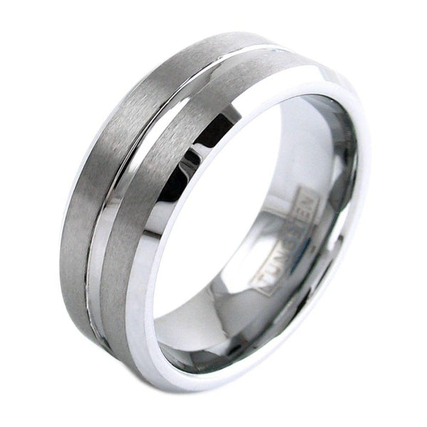 Silver tungsten ring w/ satin finish band polished recessed stripe | Wholesale tungsten rings - wedding bands | Diagonal photo