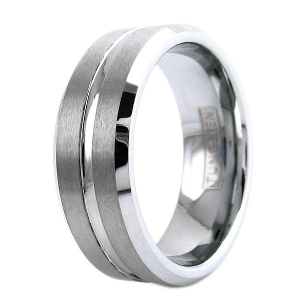 Silver tungsten ring w/ satin finish band polished recessed stripe | Wholesale tungsten rings - wedding bands | Upright photo