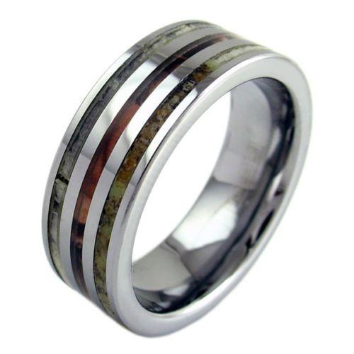 Gleaming Mirror Polished Silver Flat Band Tungsten Ring w/ Deer Antler & Red Leaf Camo Inlays.