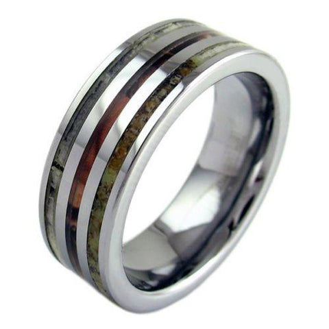 Gleaming Mirror Polished Silver Flat Band Tungsten Ring w/ Deer Antler & Red Leaf Camo Inlays.