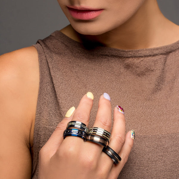 Gleaming Mirror Polished Silver Flat Band Tungsten Ring w/ Deer Antler & Red Leaf Camo Inlays.