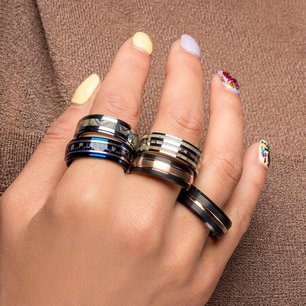 Gleaming Mirror Polished Silver Flat Band Tungsten Ring w/ Deer Antler & Red Leaf Camo Inlays.