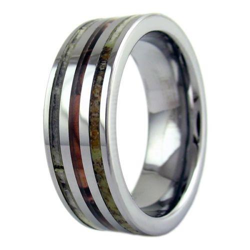 Gleaming Mirror Polished Silver Flat Band Tungsten Ring w/ Deer Antler & Red Leaf Camo Inlays.