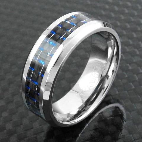 Silver titanium ring with blue/black carbon fiber inlay | Discount Titanium Rings | Wedding Bands | Black photo