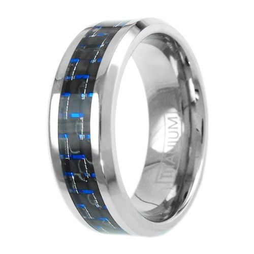Silver titanium ring with blue/black carbon fiber inlay | Discount Titanium Rings | Wedding Bands | Upright photo