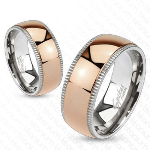 Titanium ring with milgrained edges and rose gold plated band | Wholesale Titanium Rings | Wedding Bands