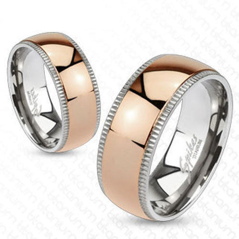 Titanium ring with milgrained edges and rose gold plated band | Wholesale Titanium Rings | Wedding Bands