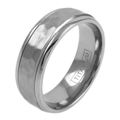 Mirror polished titanium ring with satin finish hammered band | Wholesale Titanium Jewelry | Main photo