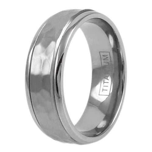 Mirror polished titanium ring with satin finish hammered band | Wholesale Titanium Jewelry | Upright photo