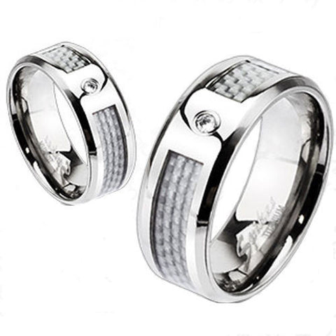 Mirror Polished Titanium Ring with White Carbon Fiber and CZ Accent | Wholesale Titanium Rings | Wedding Bands