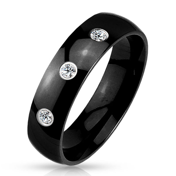 Wedding Band with 3 CZs in Black. Wholesale stainless steel rings - Jewelry | Large photo 