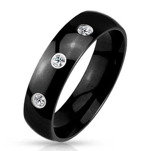 Wedding Band with 3 CZs in Black. Wholesale stainless steel rings - Jewelry | Small photo 