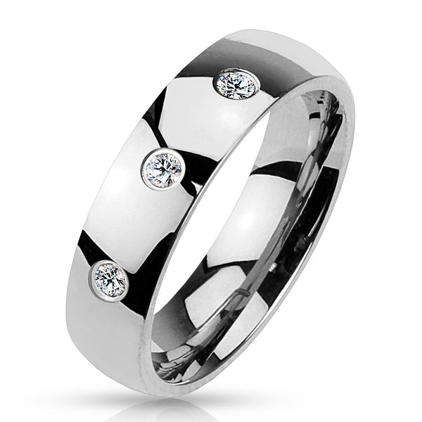 Wedding Band with 3 CZs in Mirror Polished Finish. Wholesale stainless steel rings - Jewelry | Large photo 