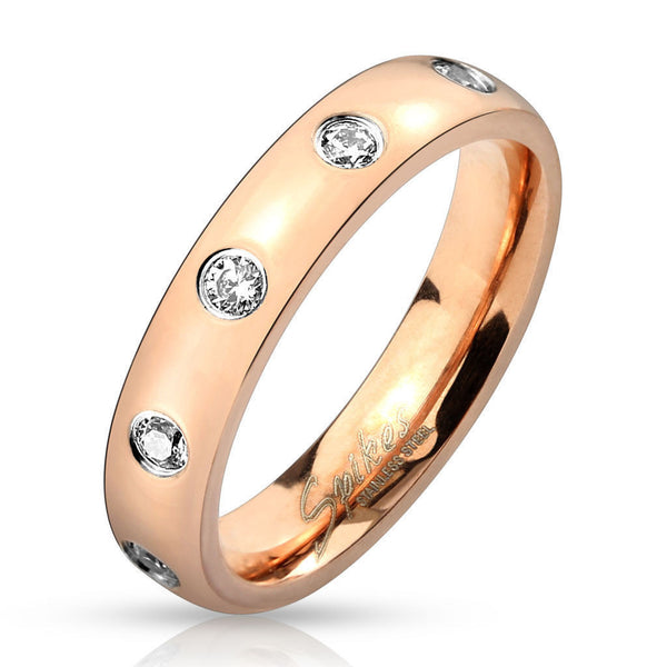 Contemporary Eternity Ring in Ion Plated Rose Gold with Bezel Set CZs in Stainless Steel