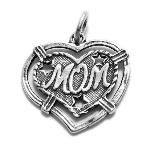 Stunning "Mom" Double Heart Charm with Stars. Wholesale Sterling Silver Charms - Jewelry. Main.