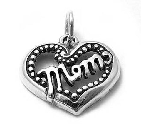 Sweet "Mom" Heart Charm with an intricate beaded pattern. Wholesale Sterling Silver Charms - Jewelry