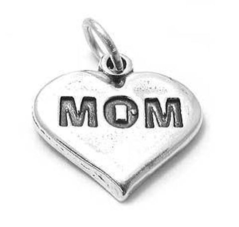 Simplistic "Mom" Scripted Heart Charm with classic lettering. Wholesale Sterling Silver Charms - Jewelry