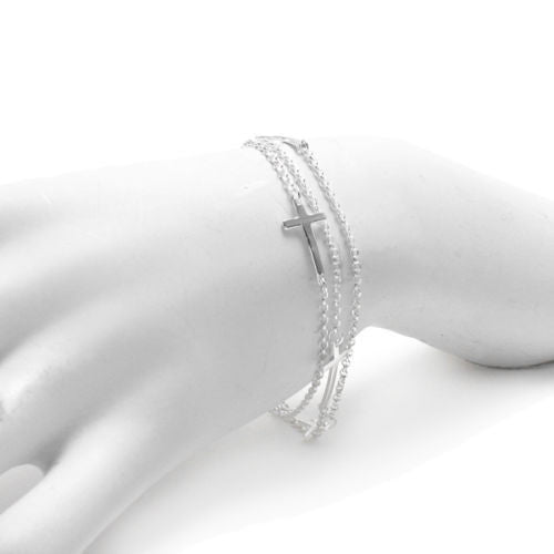 Dainty Triple Strand Bracelet with Cross Charms - 8 Inch | Wholesale 925 Sterling Silver Jewelry | Alternate