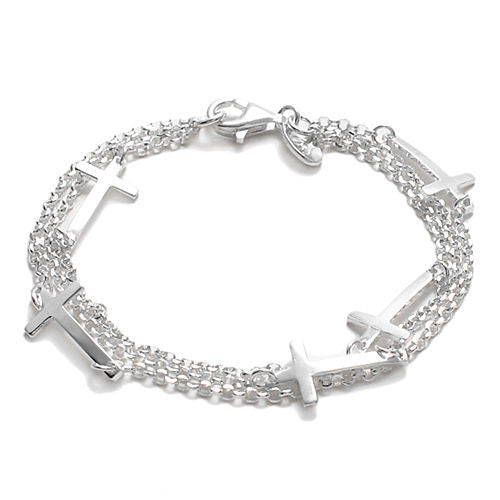Dainty Triple Strand Bracelet with Cross Charms - 8 Inch | Wholesale 925 Sterling Silver Jewelry | Main
