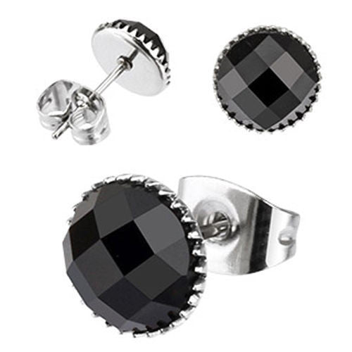 Multi Faceted Round Black Onyx Gem Earrings | Wholesale Stainless Steel Jewelry | Main