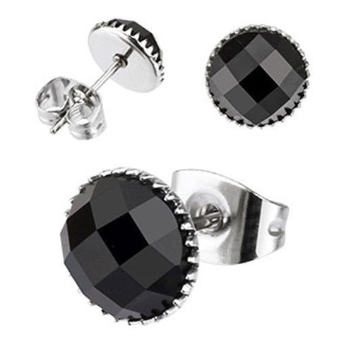 Multi Faceted Round Black Onyx Gem Earrings | Wholesale Stainless Steel Jewelry | Main