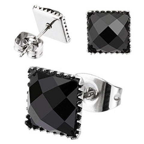 Multi Faceted Square Black Onyx Gem Earrings | Wholesale Stainless Steel Jewelry | Main