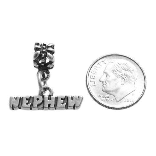 Stunning "Nephew" Scripted Charm with detailed Euro Bead. Wholesale Sterling Silver Charms - Jewelry. Alternate